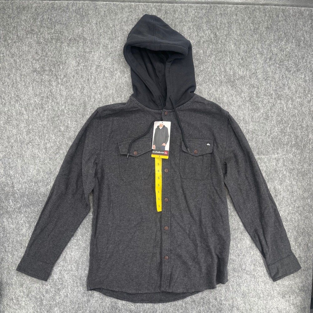 Quiksilver Hoodie Mens Small Flannel Shirt Charcoal Gray Black Long Sleeve